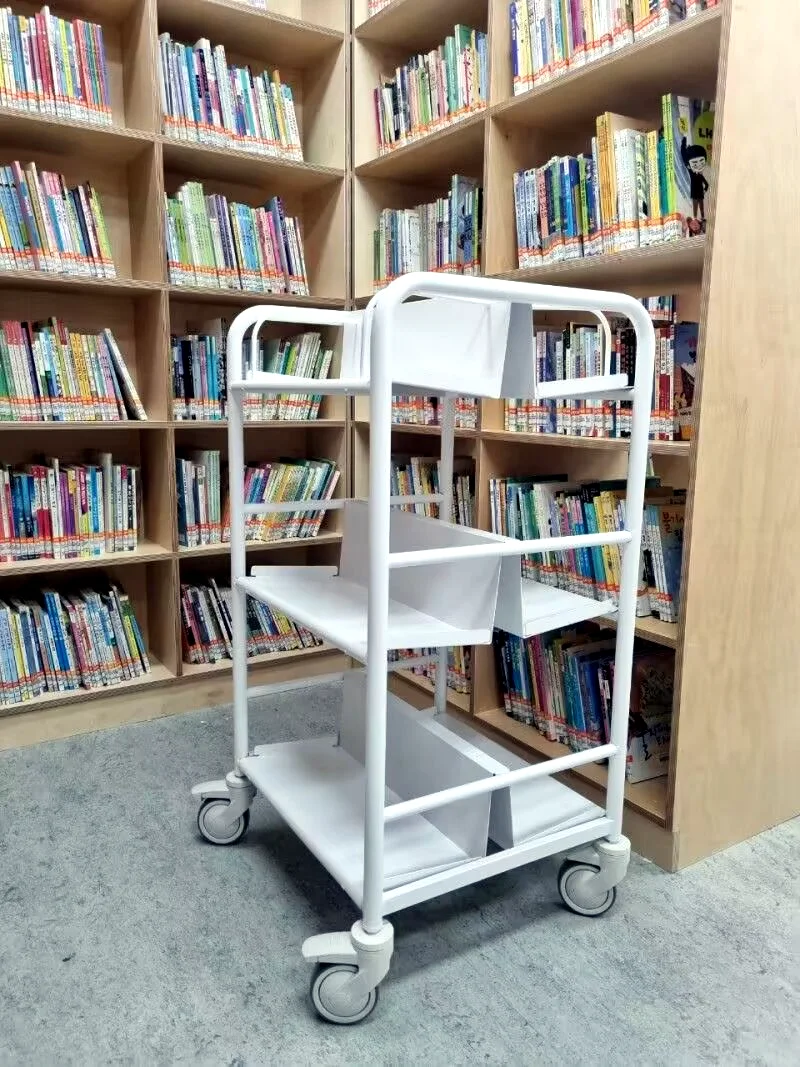 Angled view of a double-sided steel library book trolley