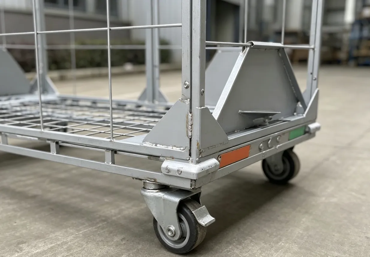 Close-up of the base and caster assembly on a roll cage