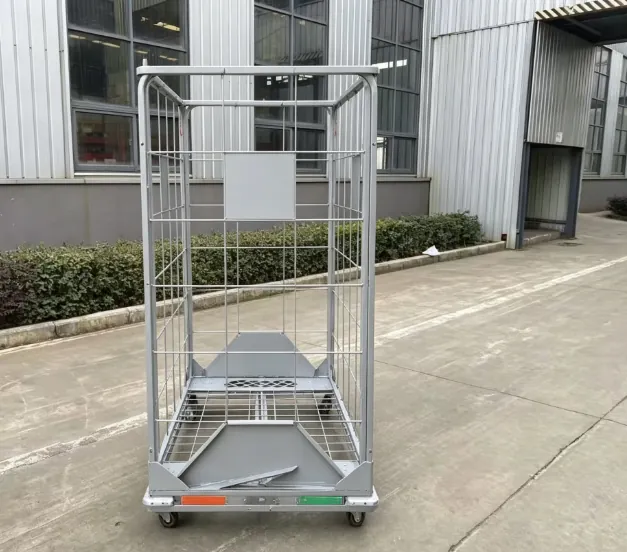 Front view of a folded roll cage trolley in the workshop