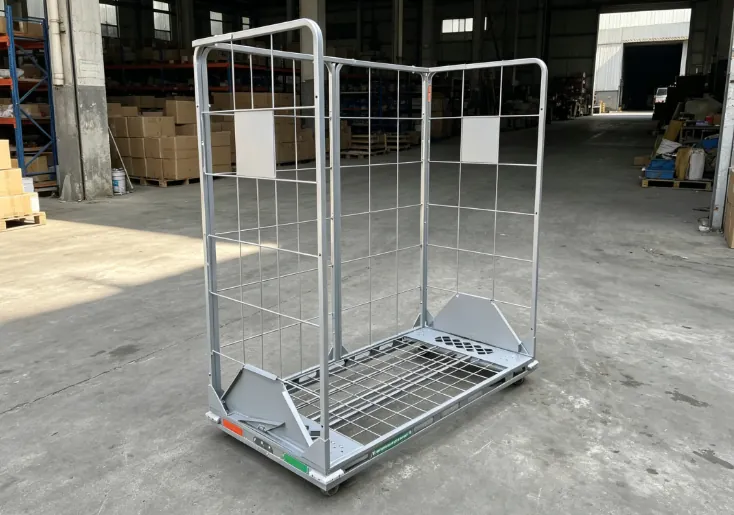 Single roll cage trolley standing in a warehouse aisle