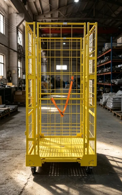 Yellow roll container with front gate open and retention straps