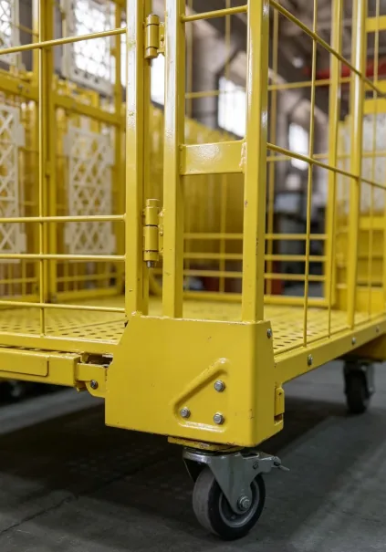 Hinge and caster detail on the yellow powder coated roll container