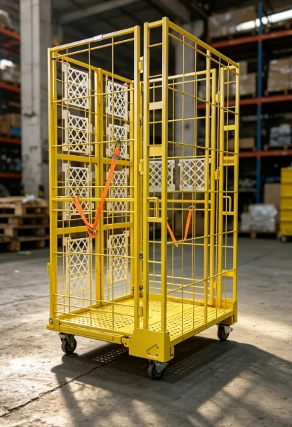 Yellow powder coated roll container with logistic sleeve inserts