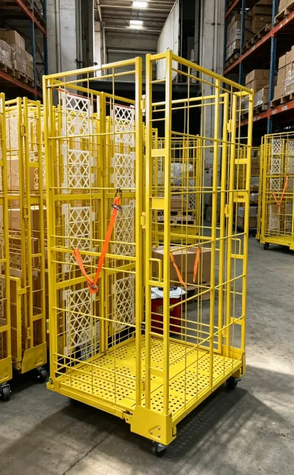 Powder coated roll containers staged in a warehouse row