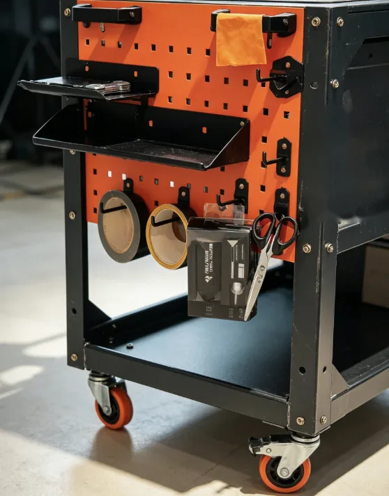 Close-up of pegboard accessories, trays and quiet casters on a production cart