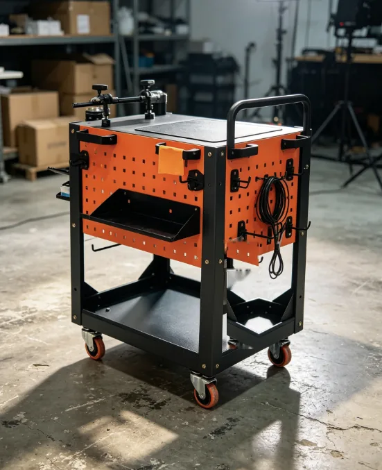 Film production cart with hooks, cable wrap and shelf trays
