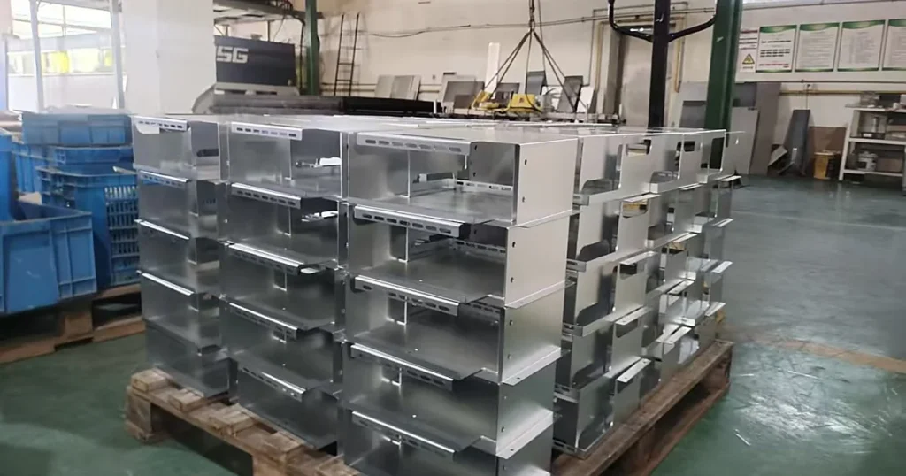 Batch of formed sheet metal enclosures stacked on a pallet