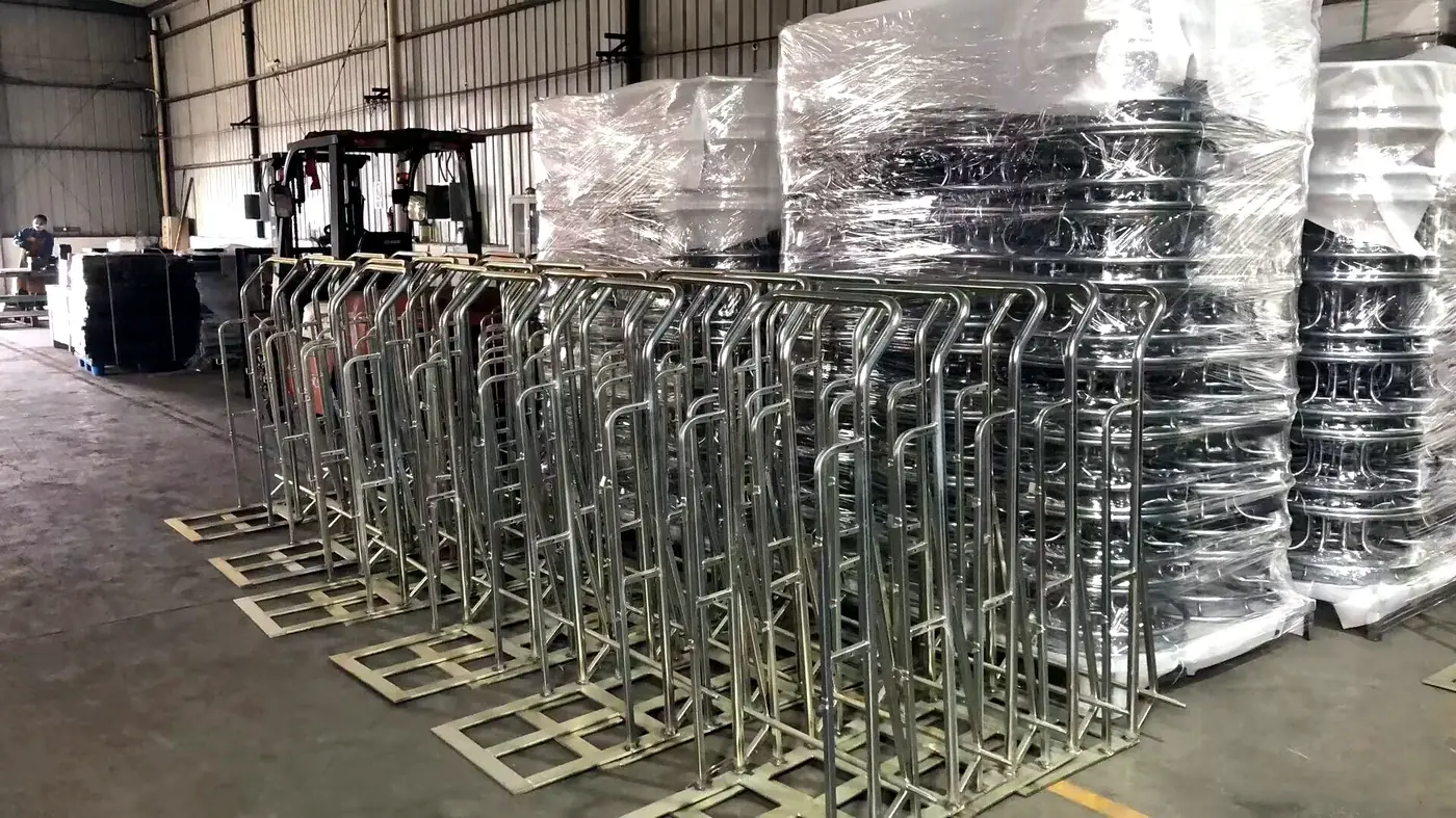 Batch of galvanized steel hand trucks stacked after production