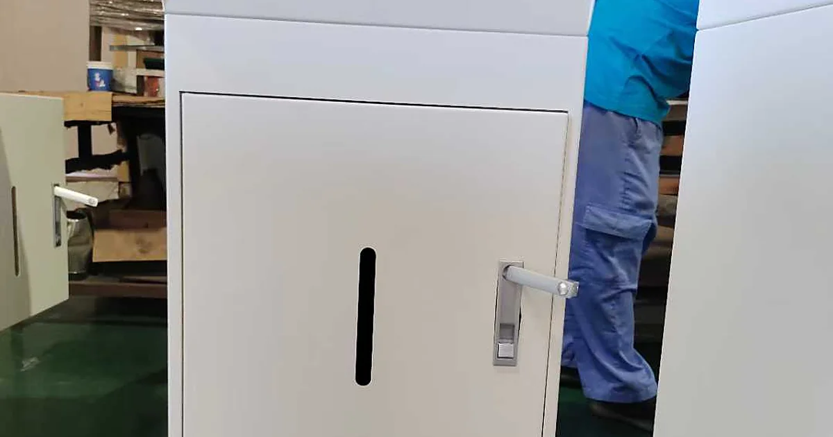 Swivel caster and brake detail on a mobile workshop cabinet