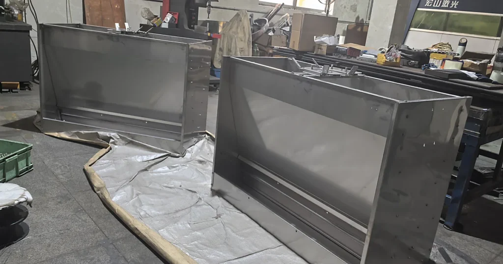 Stainless steel livestock feeding equipment fabricated in the workshop