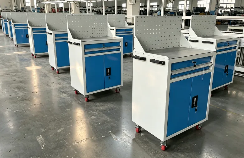 Metal tool trolley with drawers and shelves for workshop use