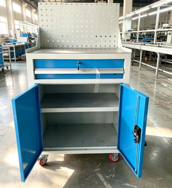 Tool cabinet with doors open showing drawer and shelf