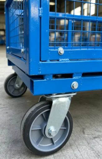 Caster and welded base detail of a mesh-side warehouse trolley