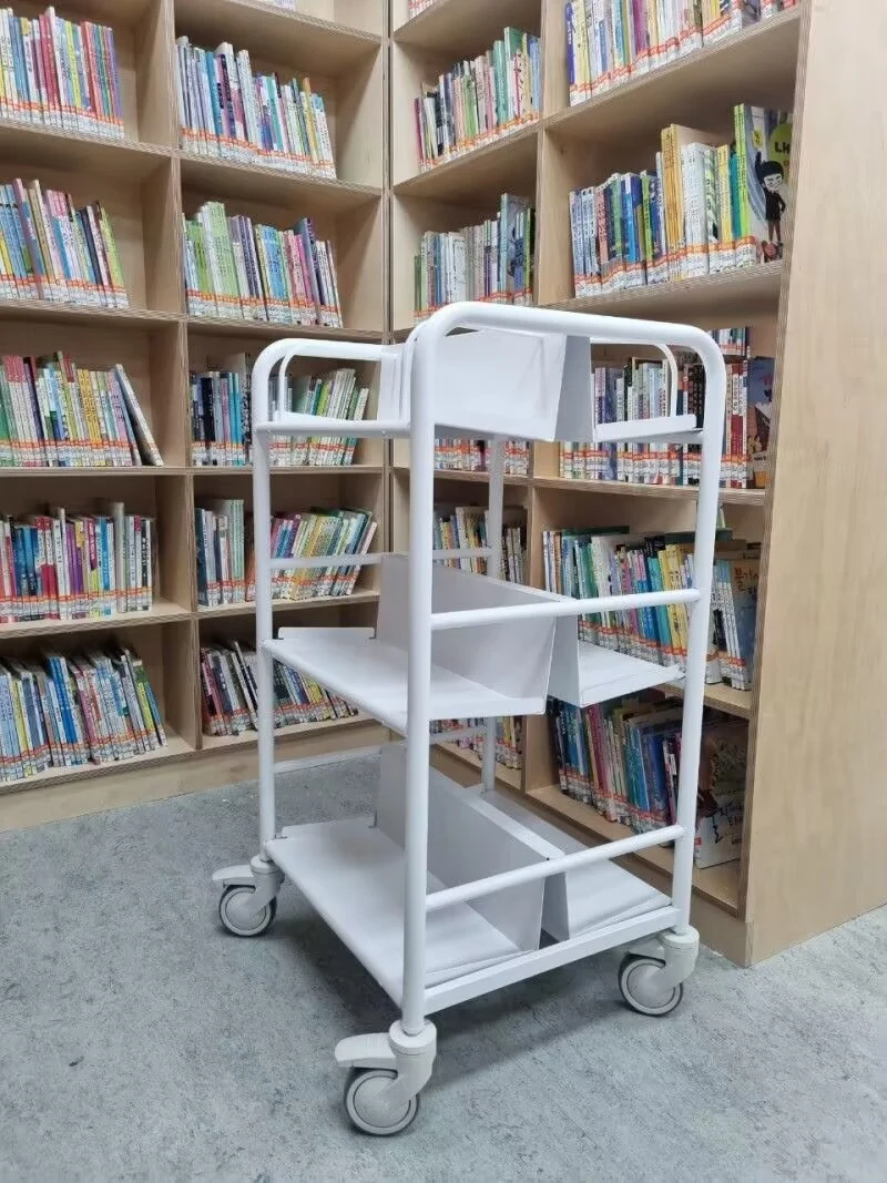 Library book trolley variant with steel tube frame and aluminium shelf panels, white finish